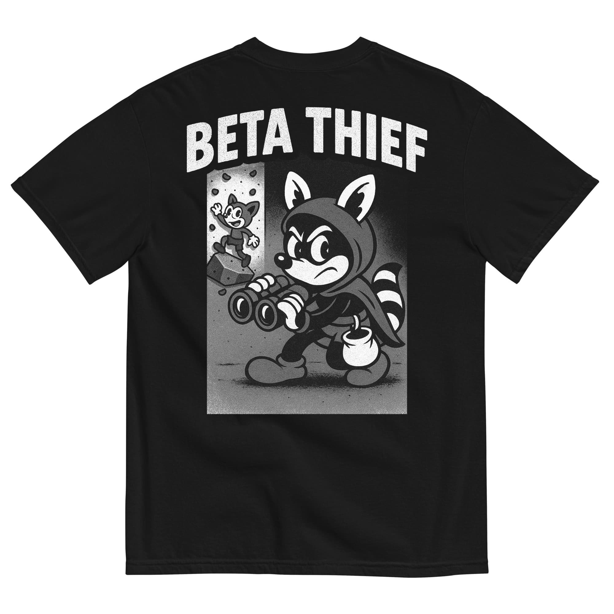 Beta Thief raccoon climbing graphic tee, black, back print