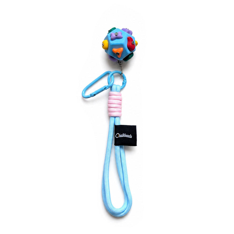 Mini climbing wall bag charm in light blue with paracord and carabiner clip