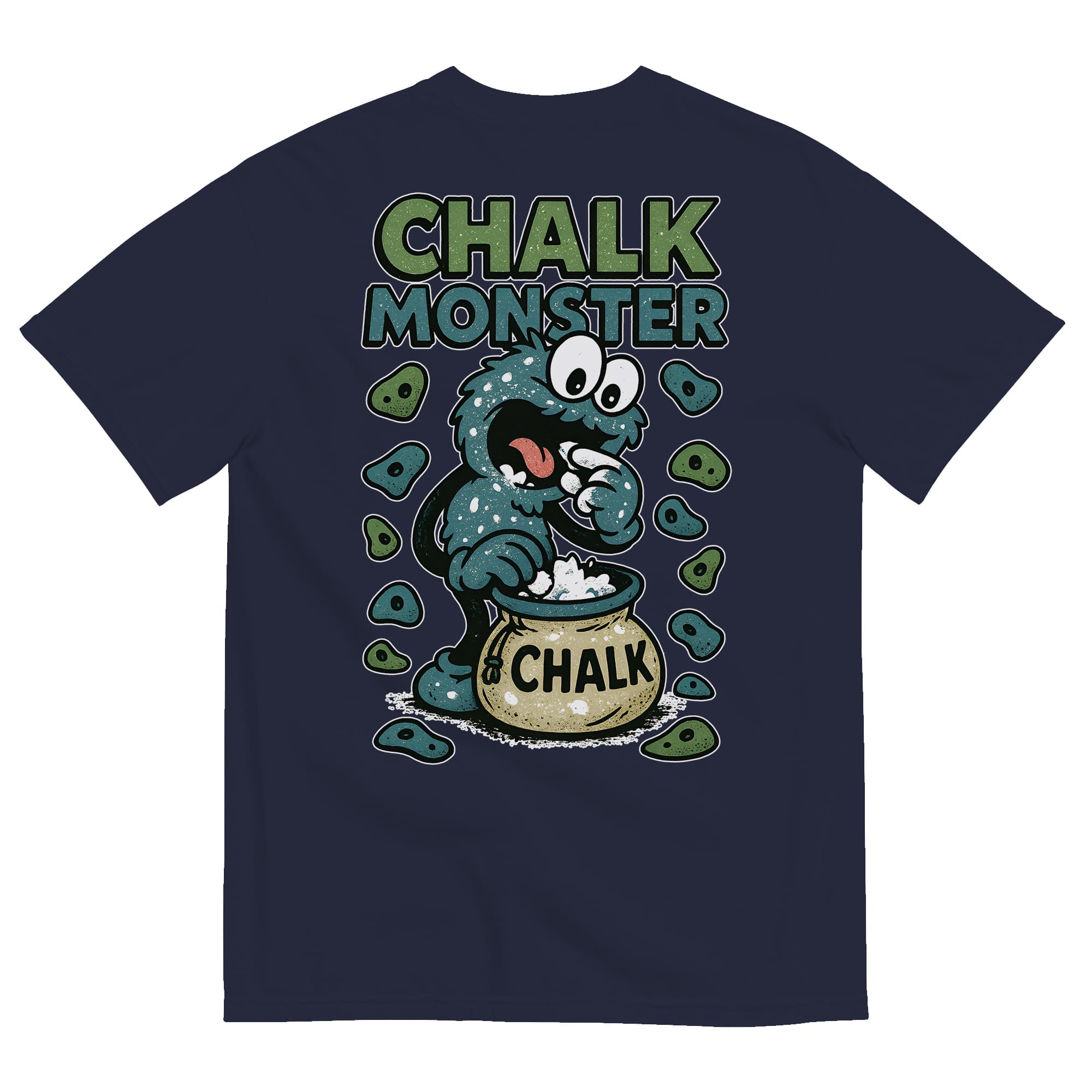 Navy blue t-shirt with a cartoon chalk monster design on the back.
