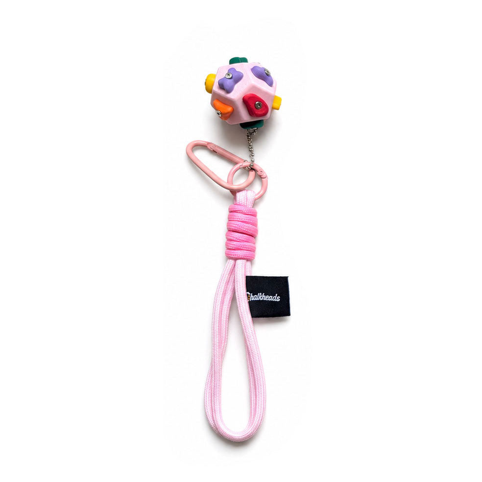 Mini climbing wall bag charm in pink with paracord and carabiner clip